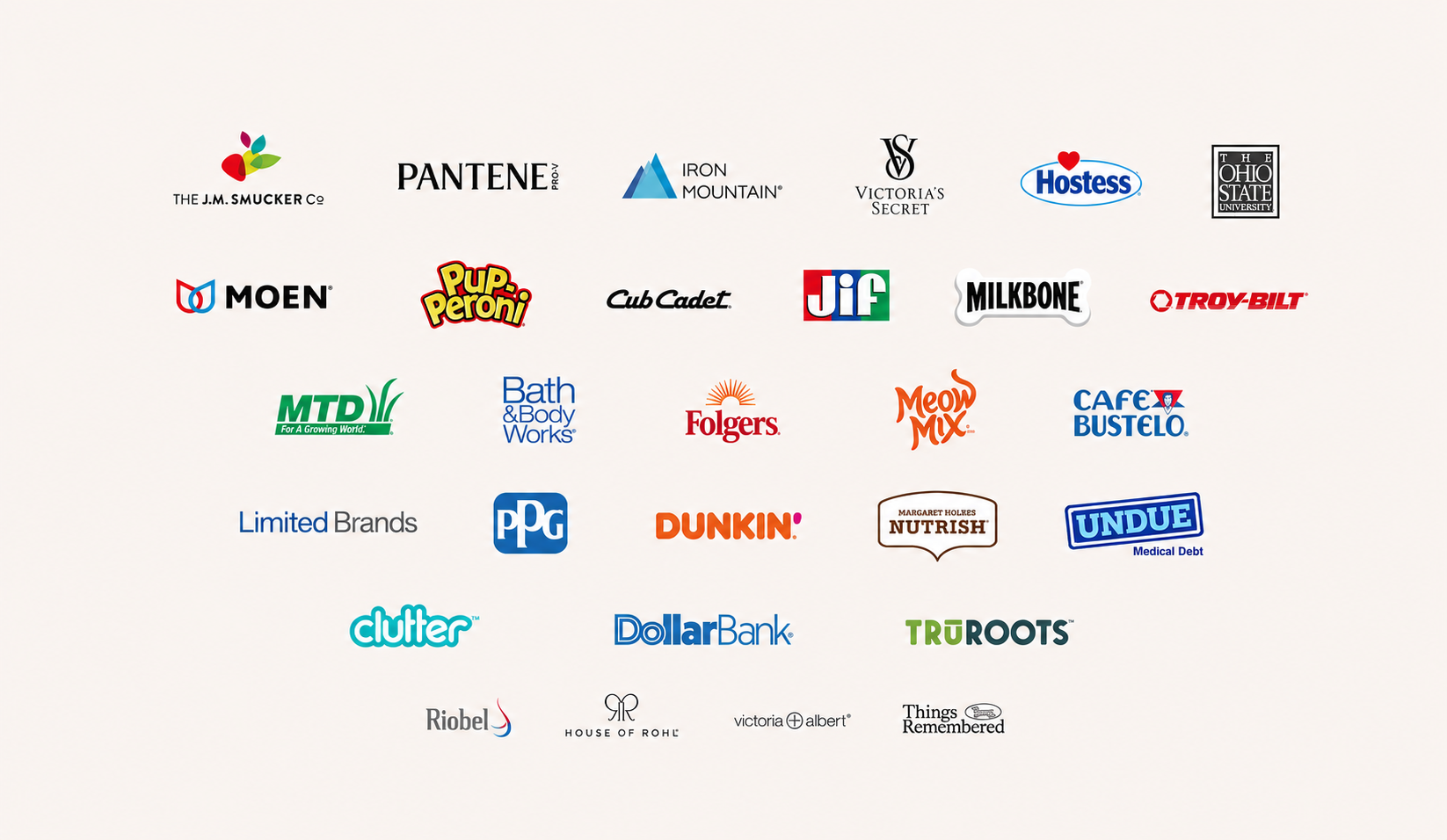 Brands we've grown — Iron Mountain, Johnson & Johnson, Moen, Smucker's, Jif, Dunkin', Bath & Body Works, Folgers, and more